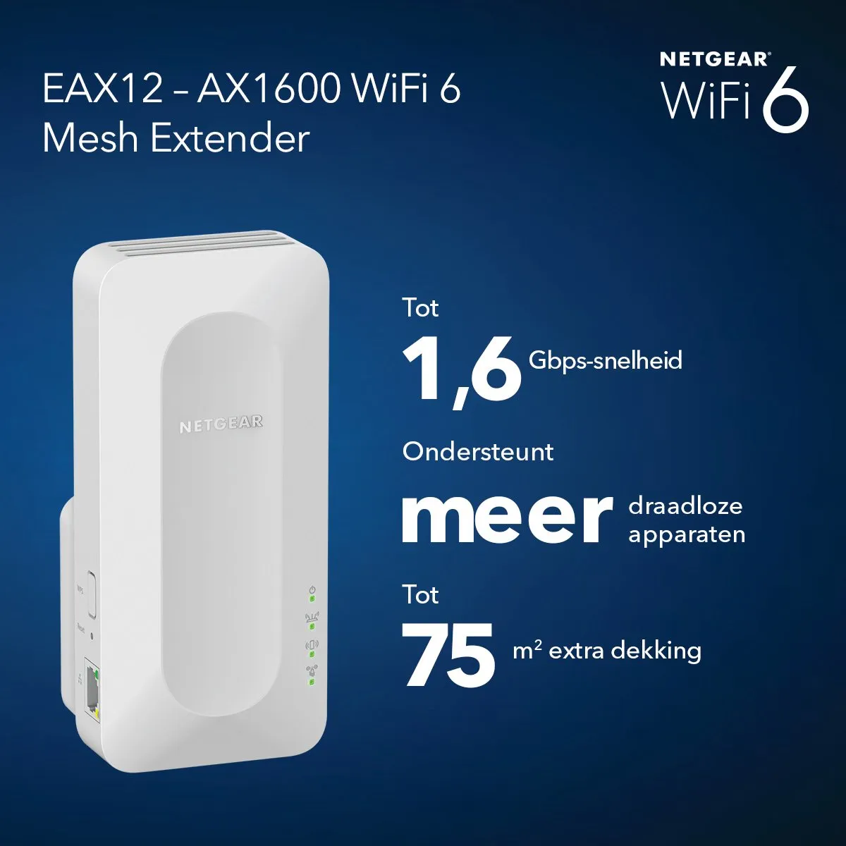 Netgear Nighthawk EAX12 Mesh WiFi Repeater - WiFi 6 - 1600 Mbps - Wit