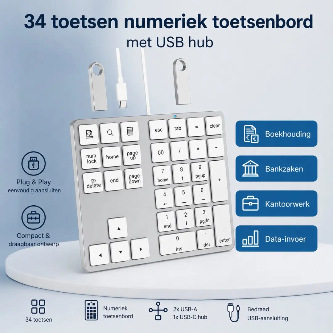 NÖRDIC Numeriek Toetsenbord USB-C Numpad - 34 Toetsen - Wit/Zilver