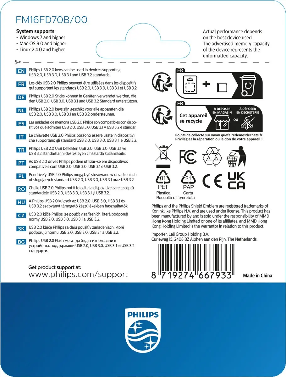 Philips USB Stick 16GB FM16FD70B/00 - 10 Stuks - Ocean Blue