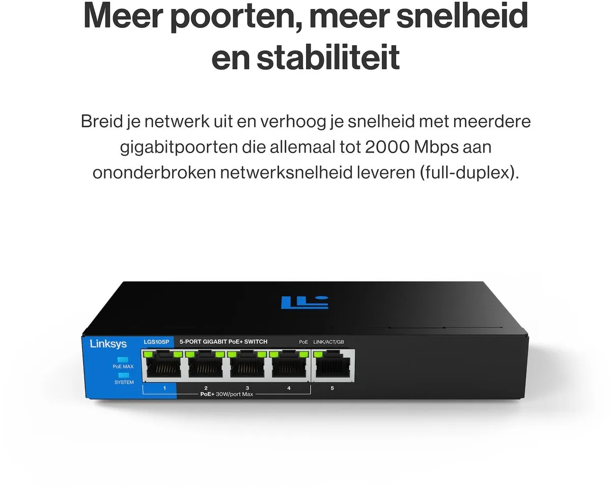 Linksys LGS105P - Netwerk Switch - Unmanaged - PoE+ Switch - 1000 Mbps - 5-Poorten