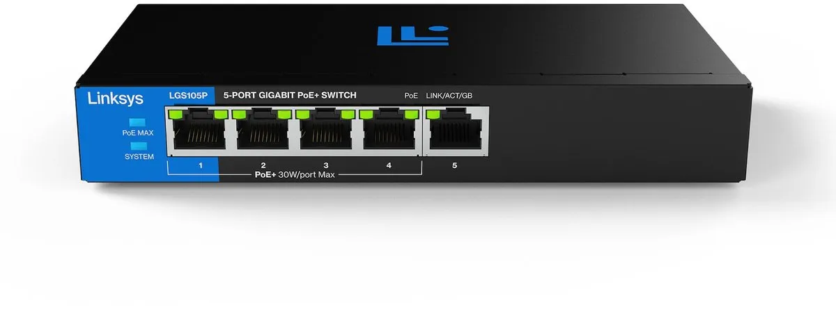 Linksys LGS105P - Netwerk Switch - Unmanaged - PoE+ Switch - 1000 Mbps - 5-Poorten