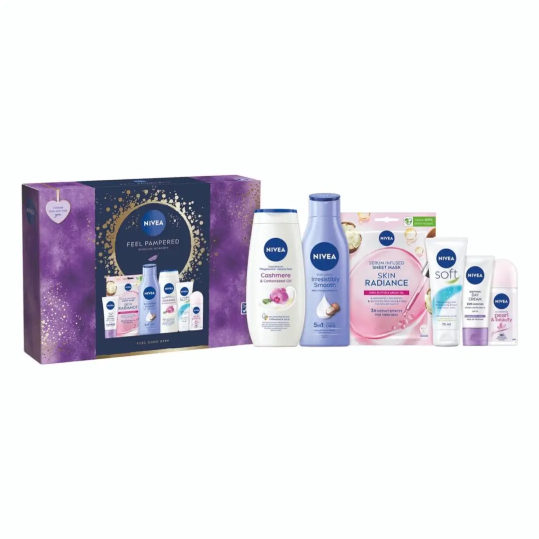 NIVEA Feel Pampered Geschenkset - Dagcrème/Bodylotion/Douchegel/Deo/Masker