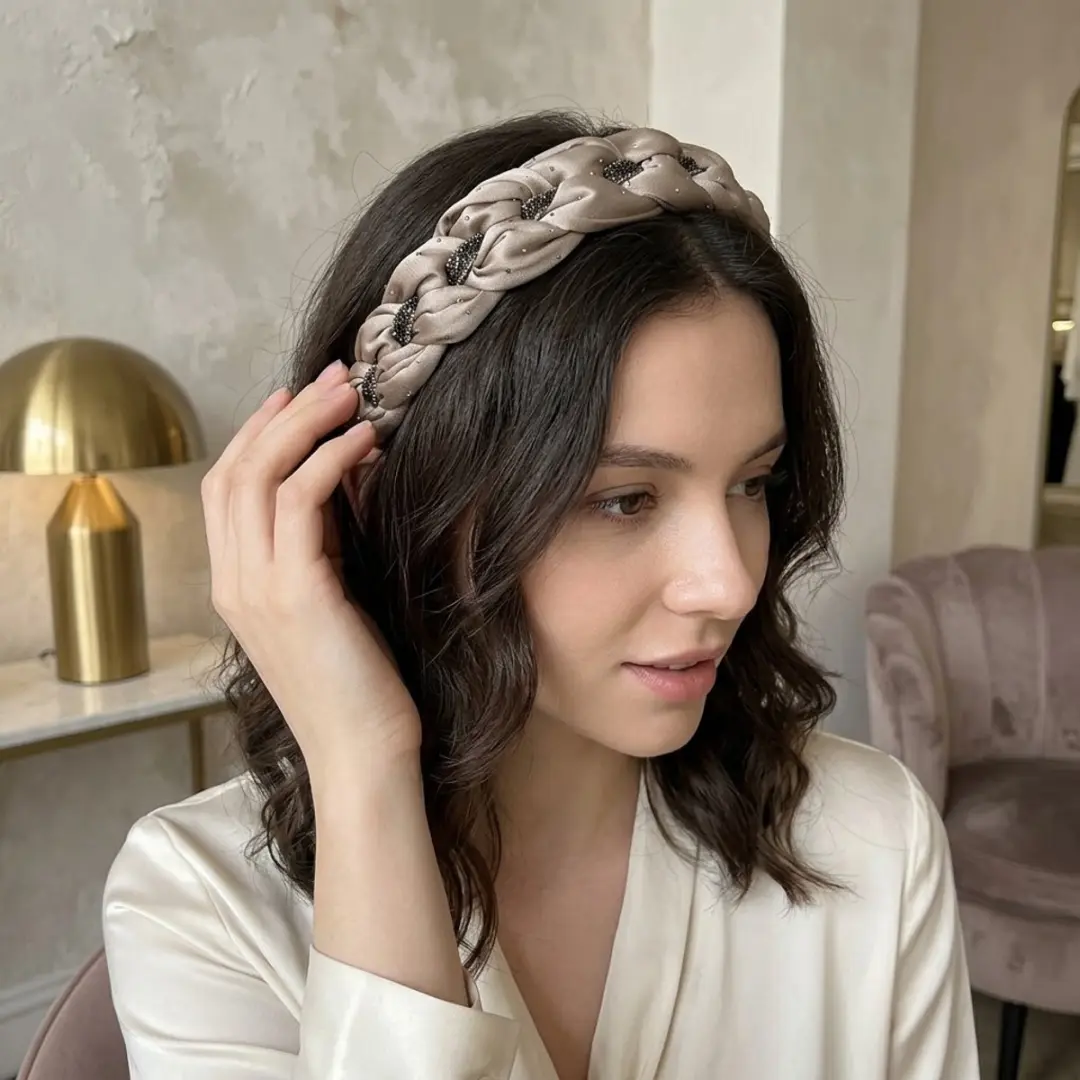 Nuvex Champagne Dames Diadeem - Gevlochten met Strass - Wit/Zwart
