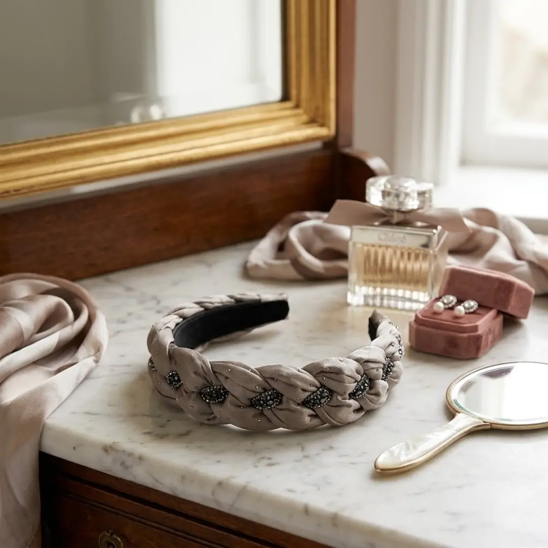 Nuvex Champagne Dames Diadeem - Gevlochten met Strass - Wit/Zwart