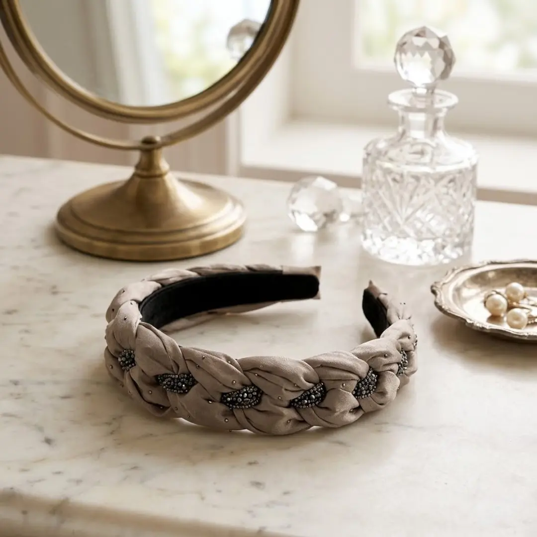 Nuvex Champagne Dames Diadeem - Gevlochten met Strass - Wit/Zwart