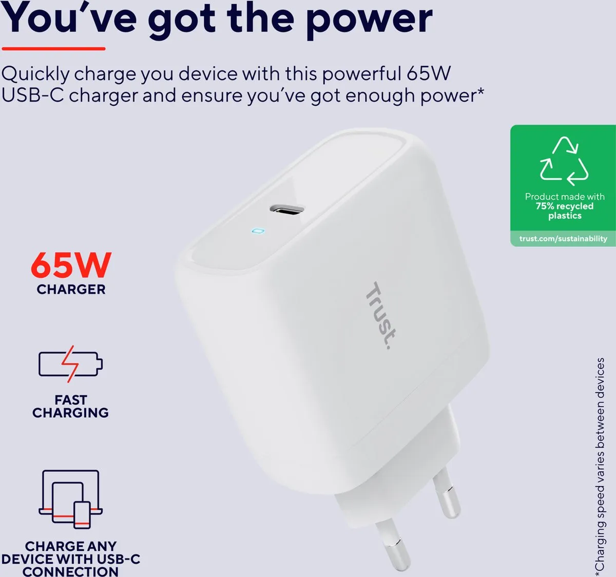 Trust Maxo Laptoptoplader 65W - USB-C - 2m - Wit