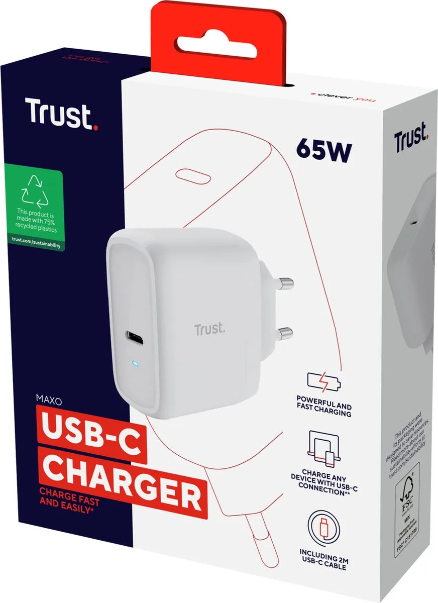 Trust Maxo Laptoptoplader 65W - USB-C - 2m - Wit