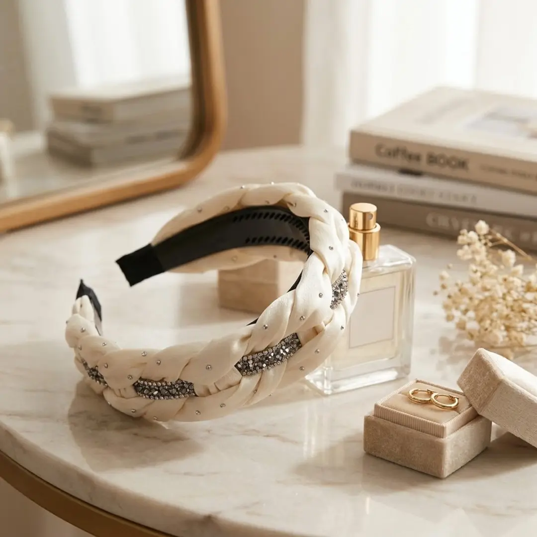 Nuvex Wit Dames Diadeem Gevlochten Haarband - Strass Details