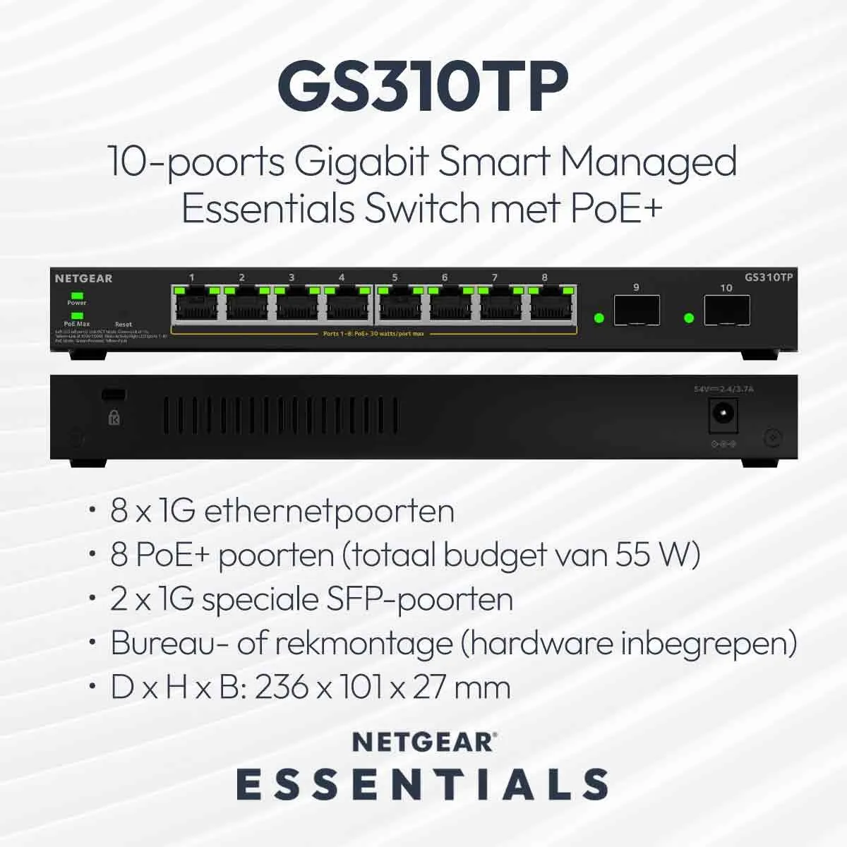 Netgear GS310TP Smart Managed Switch 8x PoE+ Gigabit - Zwart