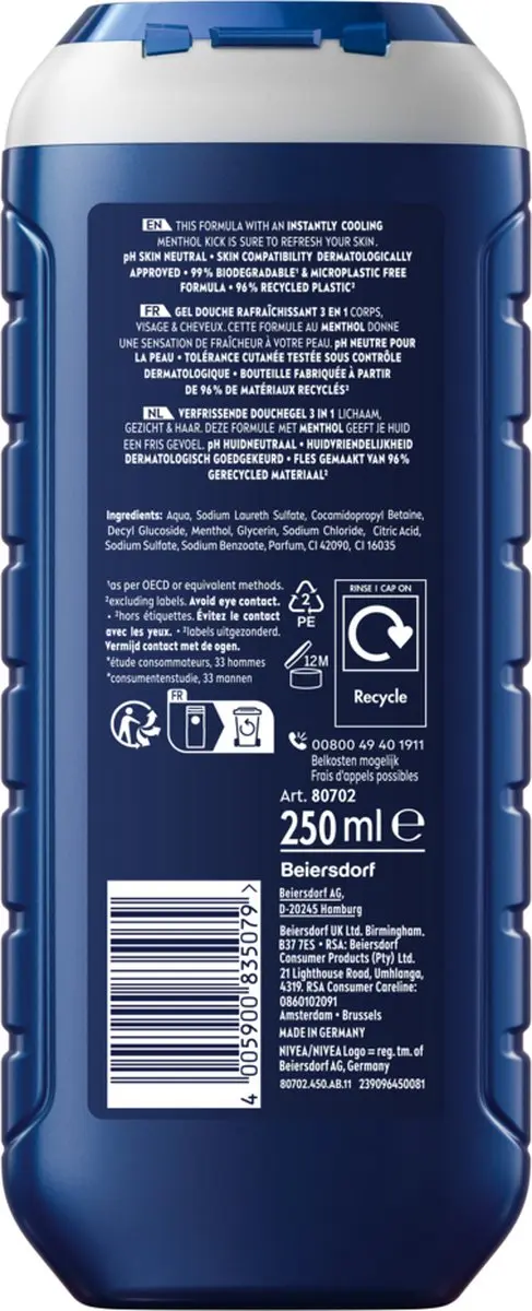 NIVEA MEN Cool Kick Douchegel 3-in-1 - 1500ml (6x250ml)