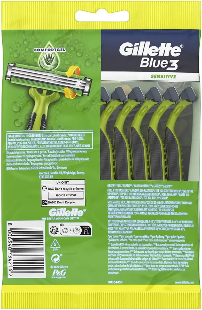 Gillette Blue 3 Sensitive Scheermesjes - 10 Stuks