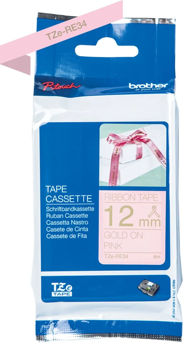 Brother TZe-RE34 Textiellabel 12mm Roze - Goud tekst - 4m