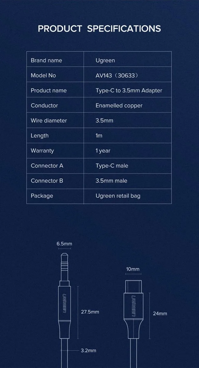 UGreen 30633 USB-C naar 3.5mm AUX-kabel 1m - Zwart