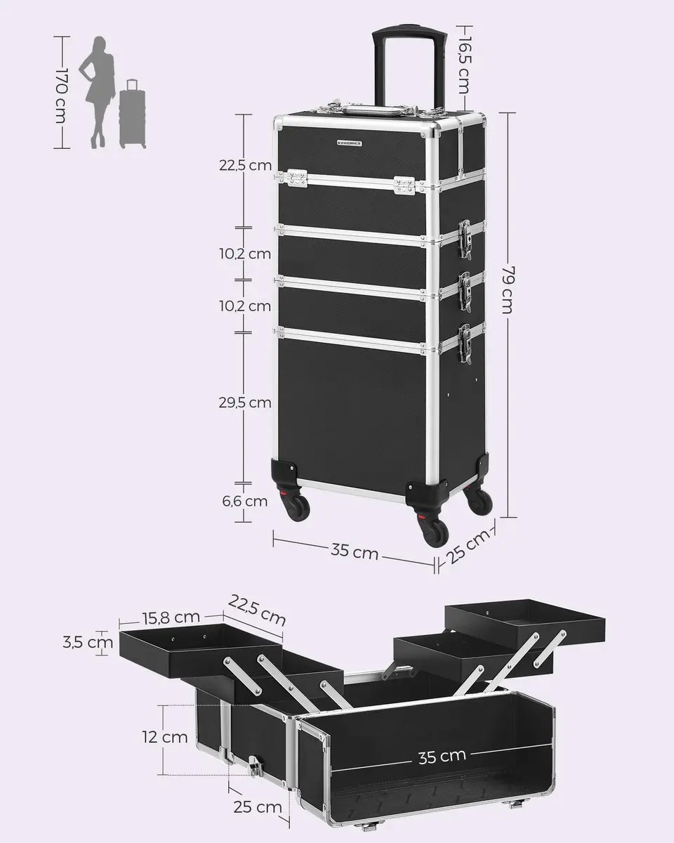 Songmics JHZ11BK Make-up Koffer Trolley - 4-in-1 - Zwart