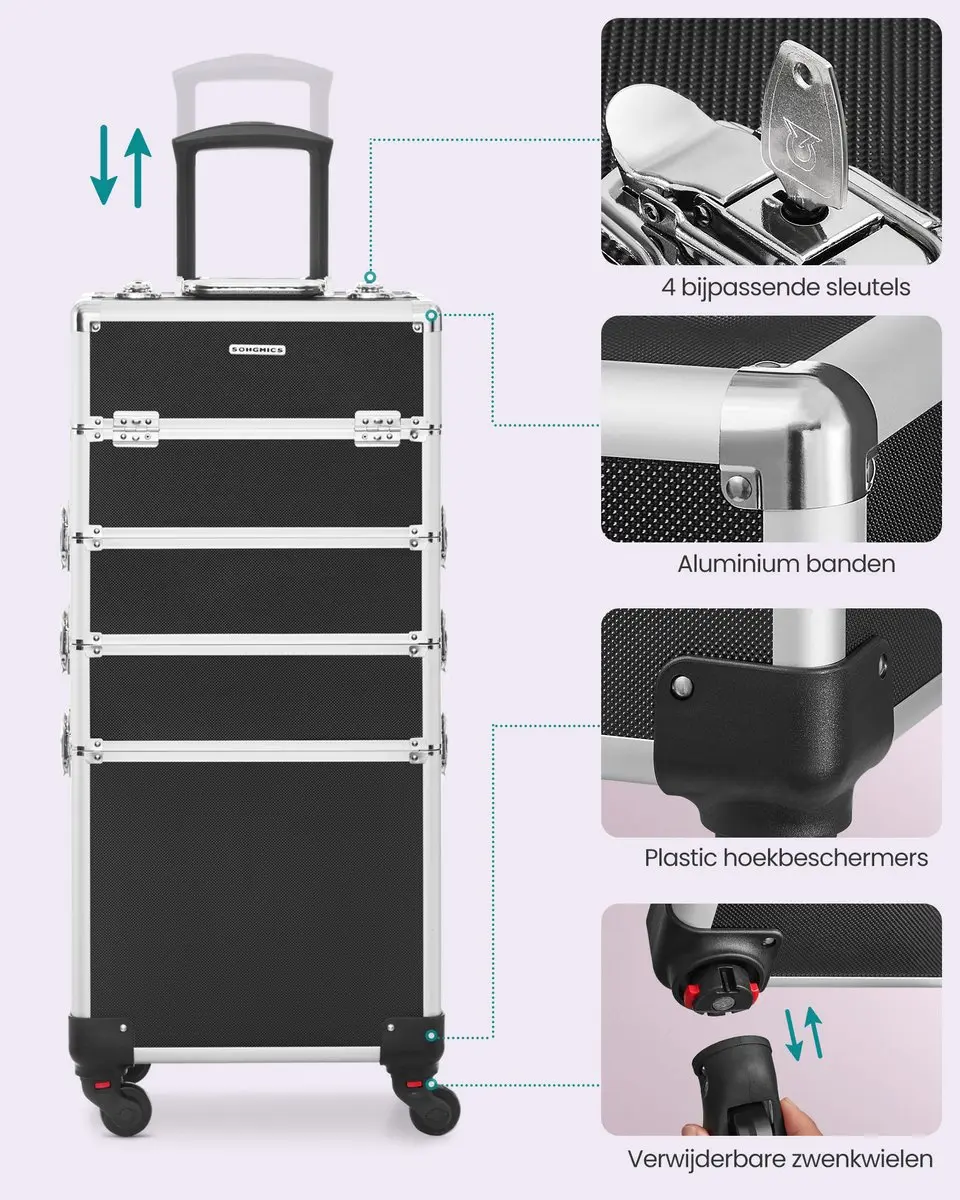 Songmics JHZ11BK Make-up Koffer Trolley - 4-in-1 - Zwart