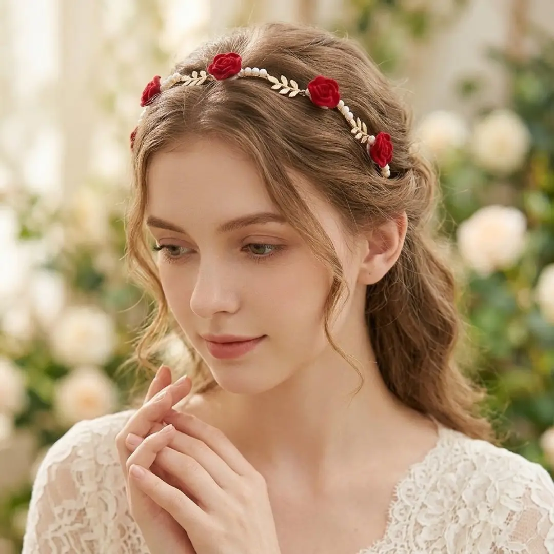 NuveX Dames Diadeem Rood - Bloemen & Parel Details