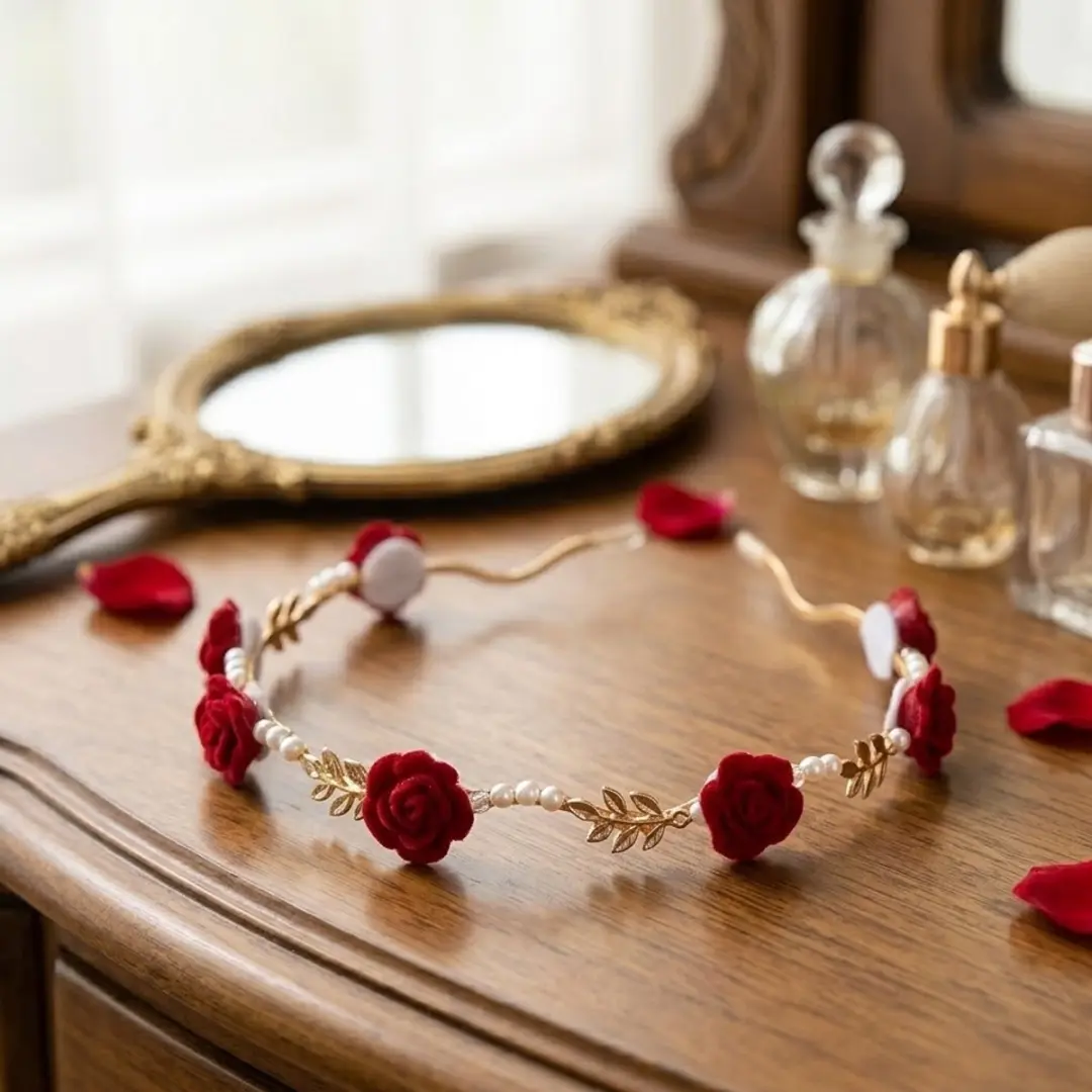 NuveX Dames Diadeem Rood - Bloemen & Parel Details