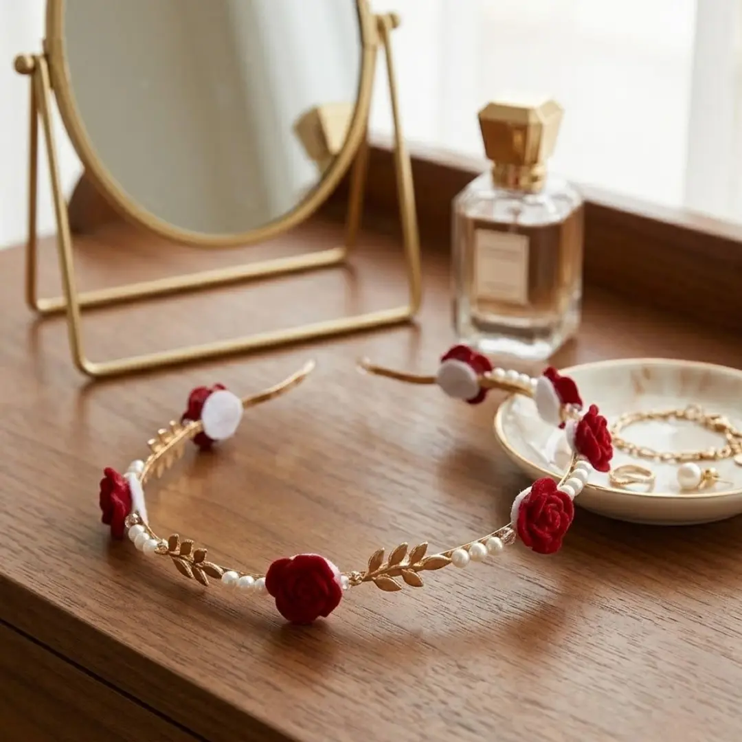 NuveX Dames Diadeem Rood - Bloemen & Parel Details