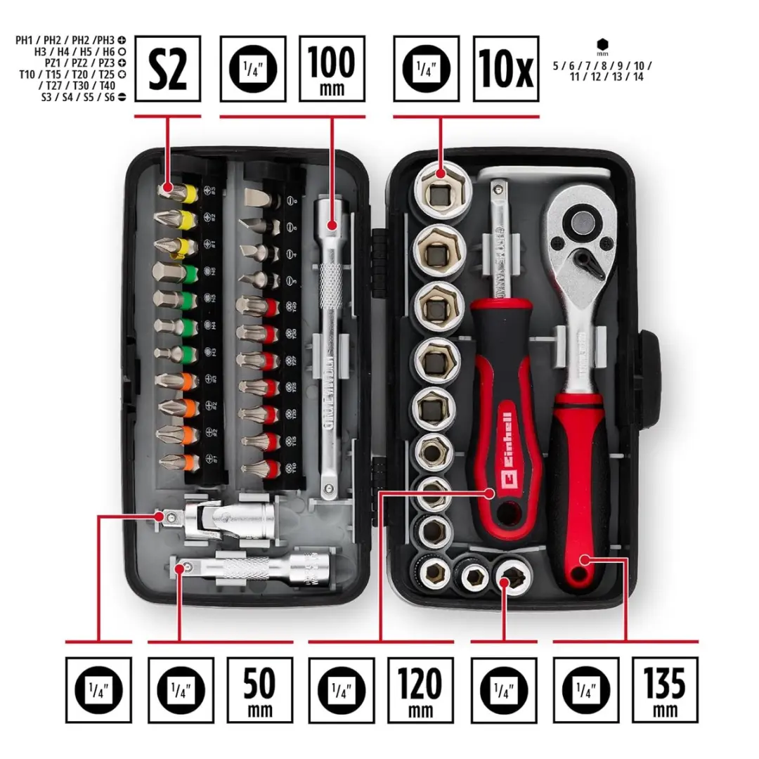 Einhell 38-delige Bit- en Dopsleutelset 1/4" - 5-14mm
