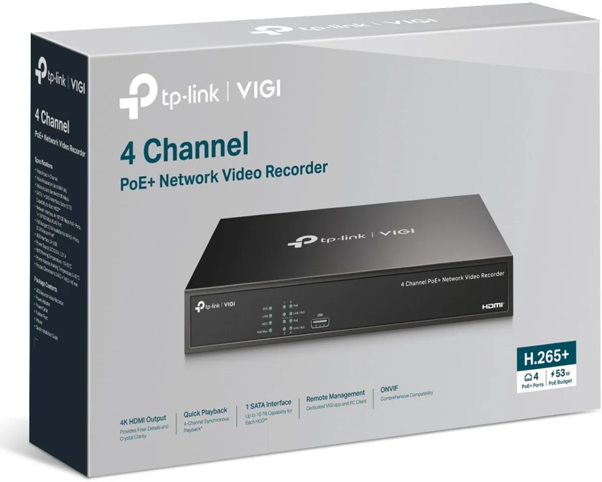 TP-Link VIGI NVR1004H-4P NVR - 4 Poorten - Zwart
