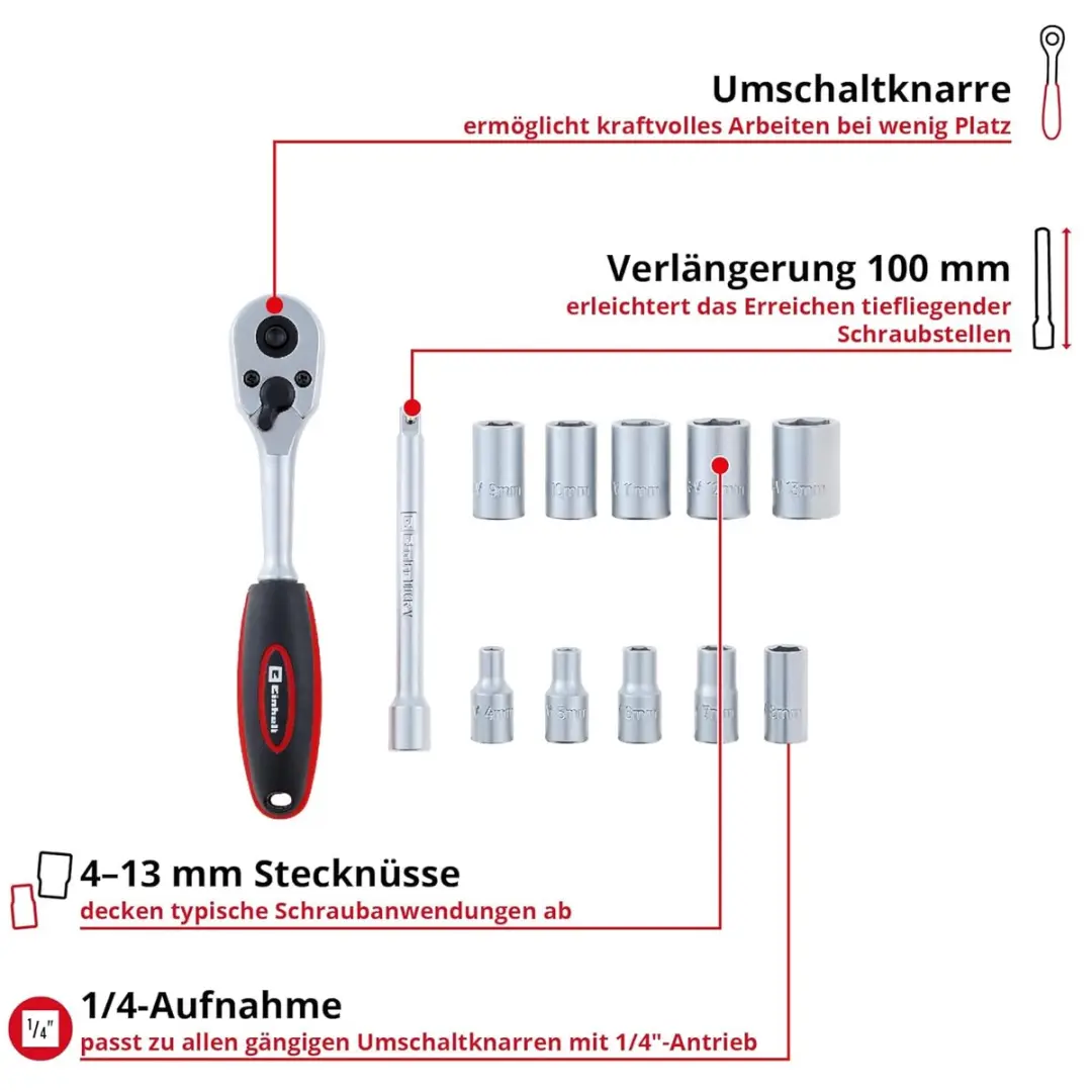 Einhell 13-delige 1/4" Omkeerbare Ratelset - Chroom-vanadiumstaal - afbeelding 6 van 6