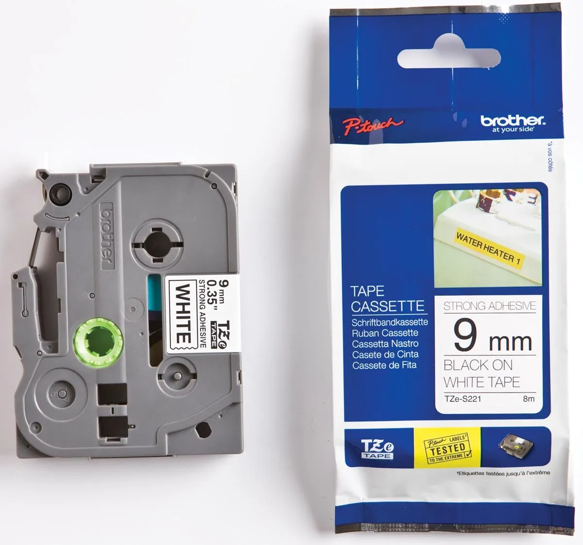 Brother TZ-S221 9mm Etikettenrol - Zwart op wit - 26.2m