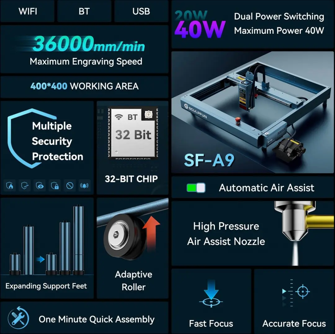 Sculpfun SF-A9 Lasergraveerder 40W - Automatische luchtondersteuning