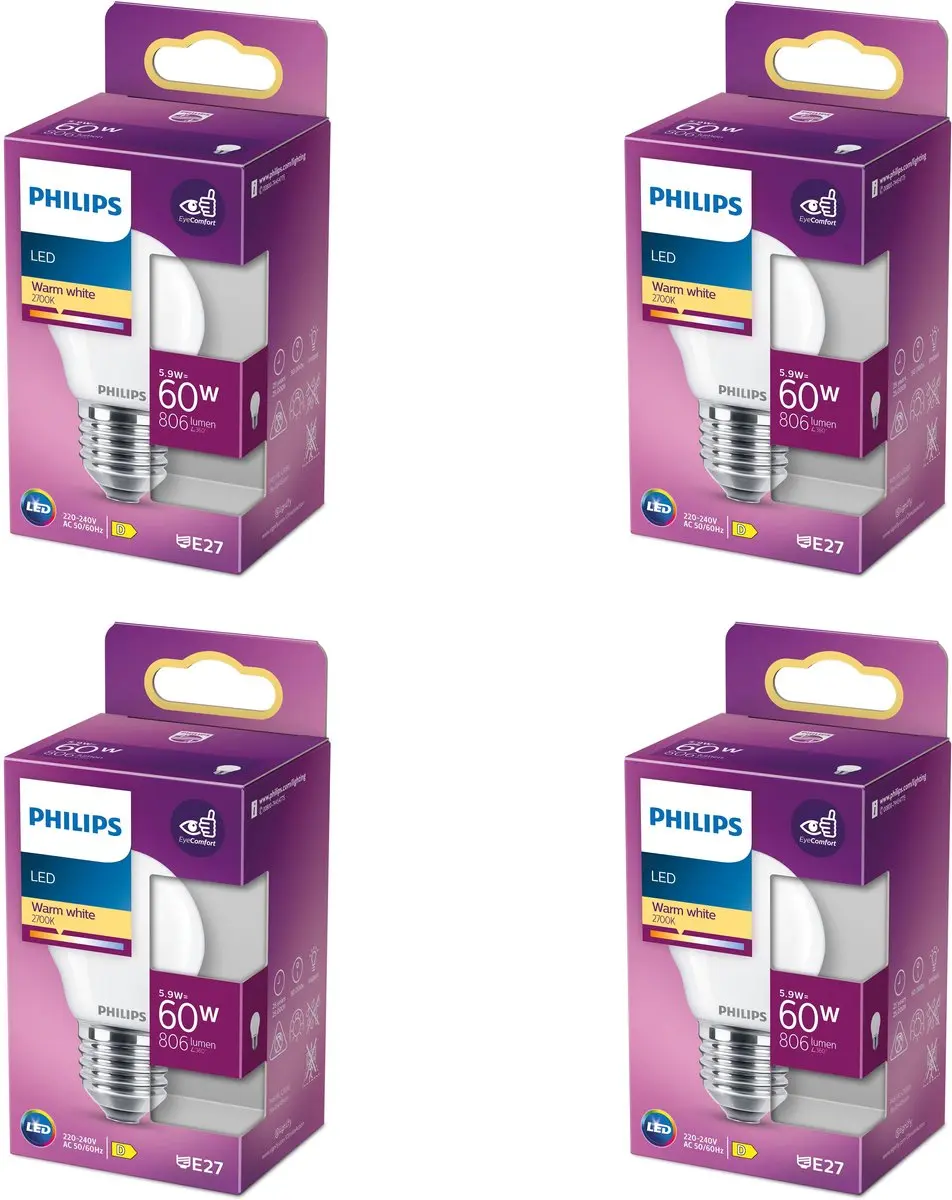 Philips LED E27 Kogellamp Mat 6.5W Warmwit - 4 Stuks