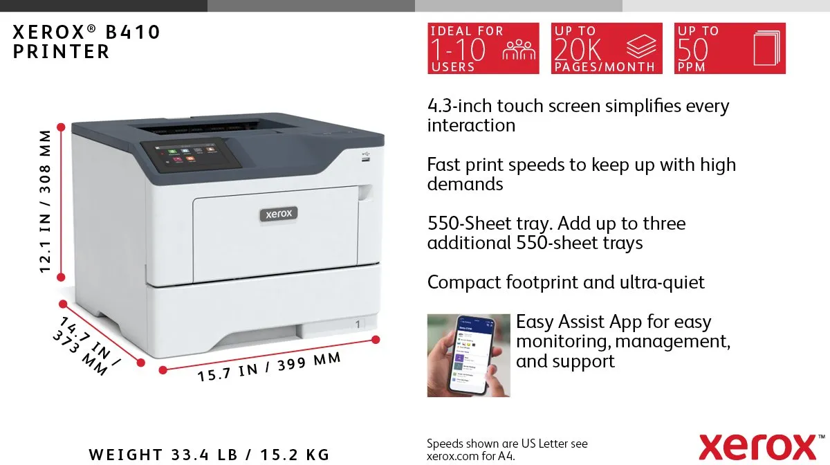 Xerox B410V_DN Laserprinter - 25 ppm - 650 Vel