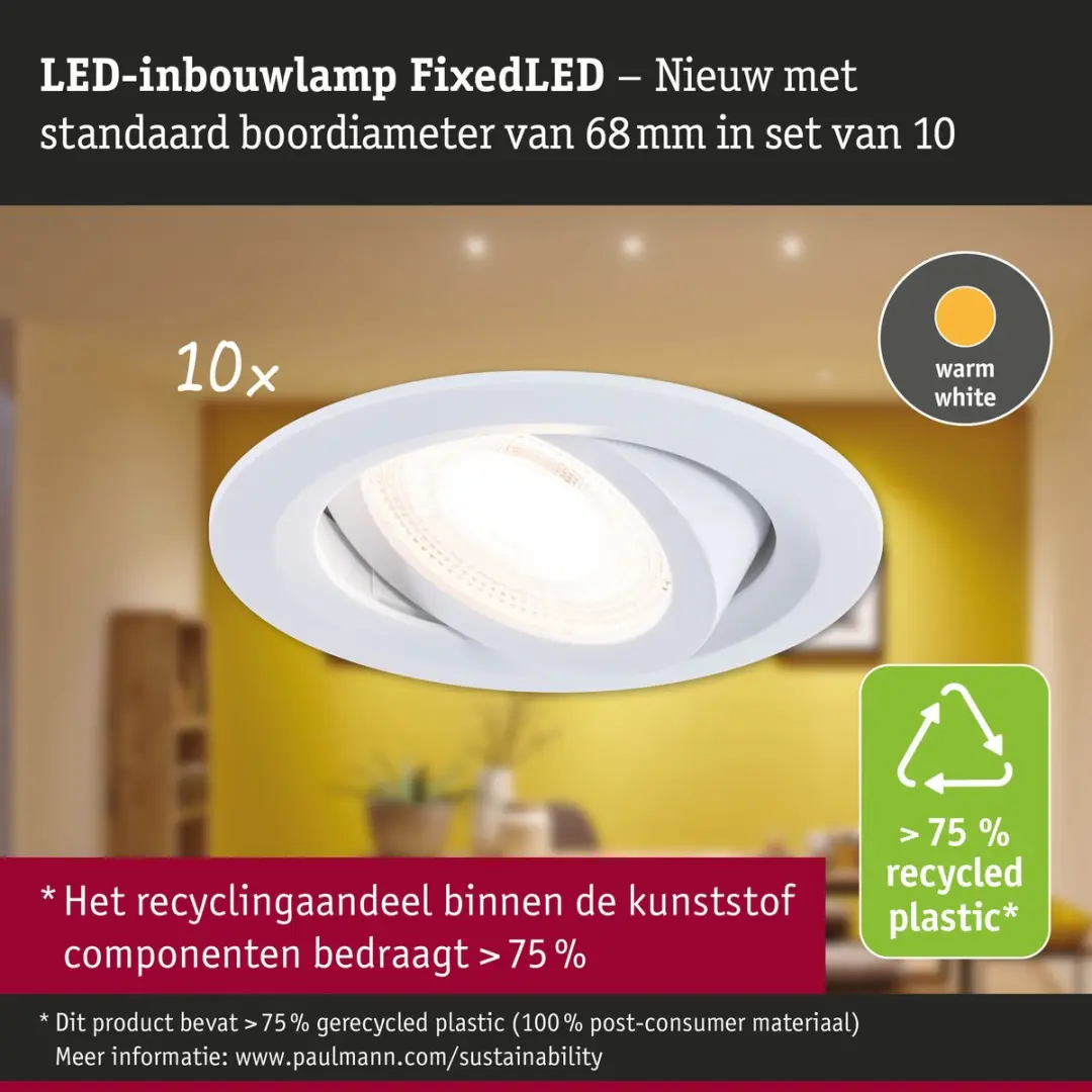 Paulmann FixedLED Inbouwlamp Set 10x4.8W 440lm 3000K - Wit - afbeelding 6 van 6