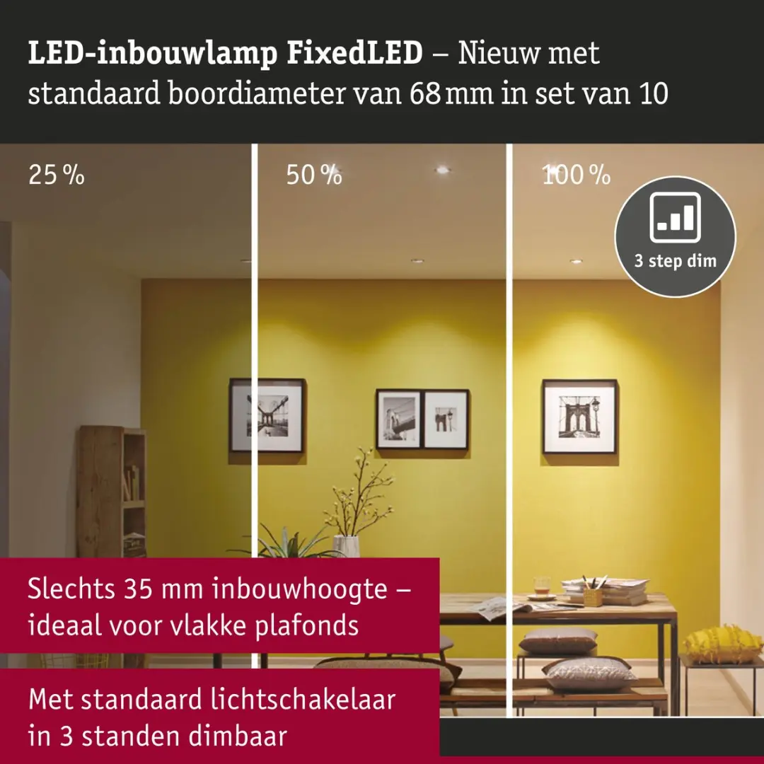 Paulmann FixedLED Inbouwlamp Set 10x4.8W 440lm 3000K - Wit