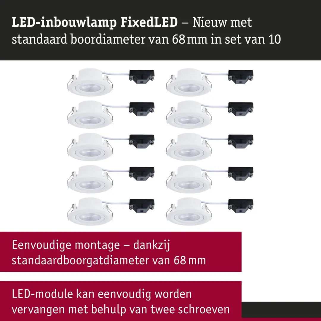 Paulmann FixedLED Inbouwlamp Set 10x4.8W 440lm 3000K - Wit