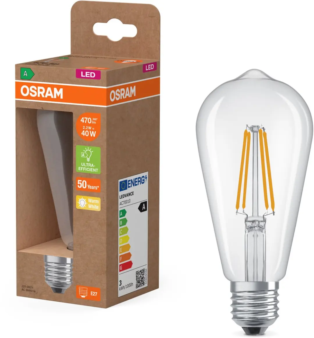 Osram LED E27 Edison Filament 2.2W 470lm - Zeer Warm Wit 2700K