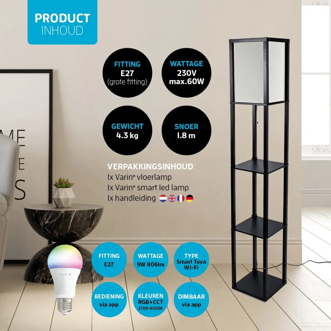 Varin Vloerlamp Zwart - 10 Lichtpunten RGBW - Smart Tuya