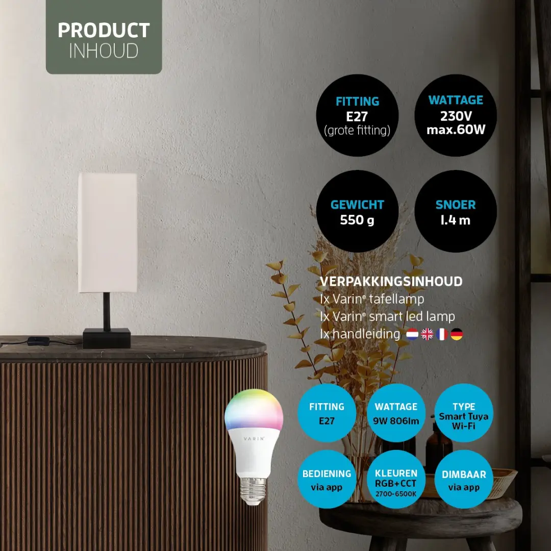 Varin Industrieel Tafellamp Wit - E27 Smart LED RGB - Tuya WiFi