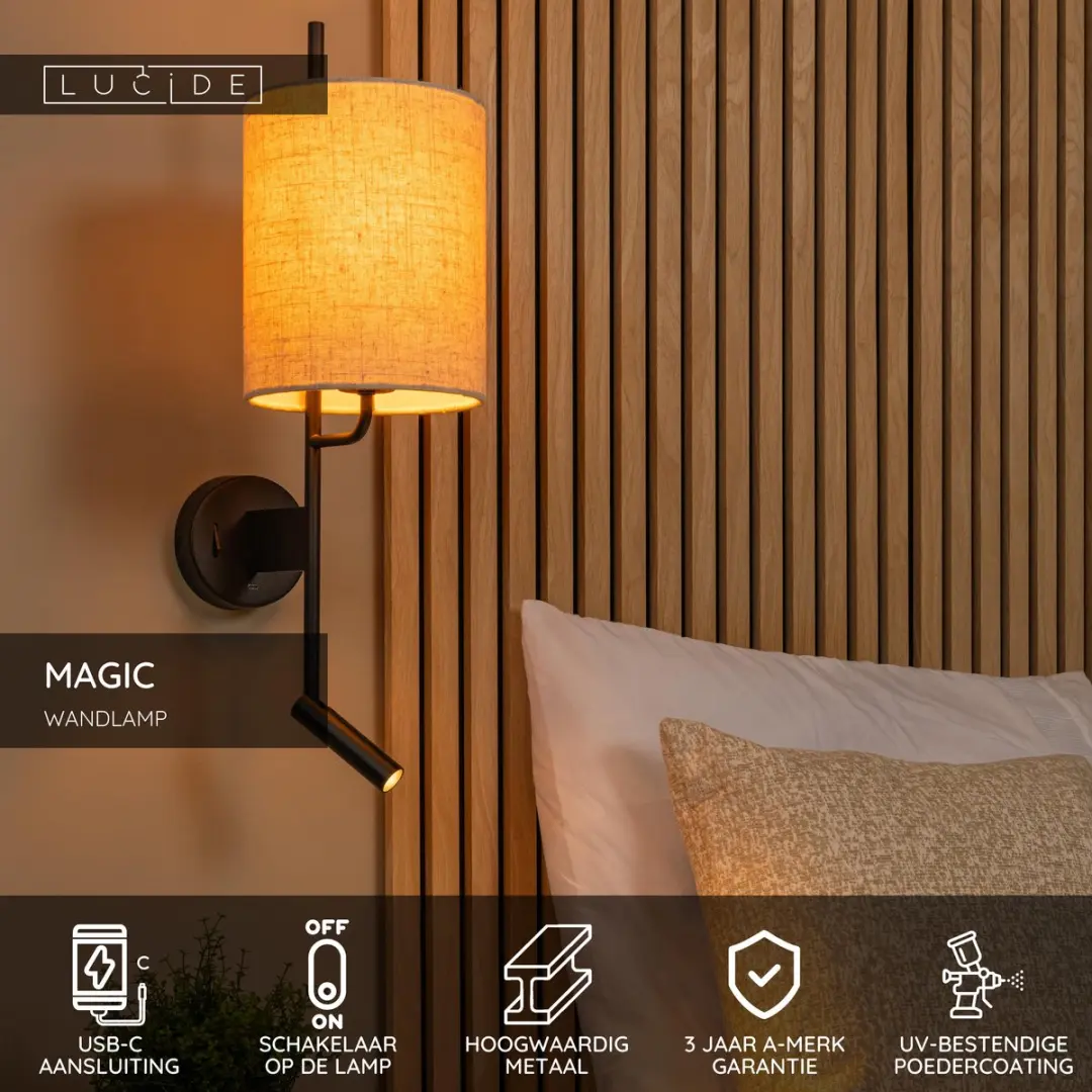 Lucide Magic Wandlamp E27 - USB Oplaadpunt - Zwart