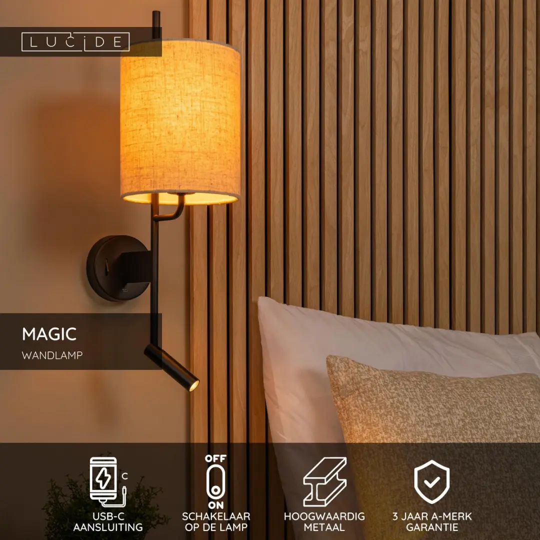 Lucide Magic Wandlamp E27 - USB Oplaadpunt - Zwart