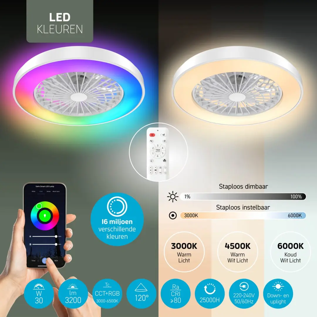 Varin Plafondventilator met LED 30W RGBW Ø50cm - Wit