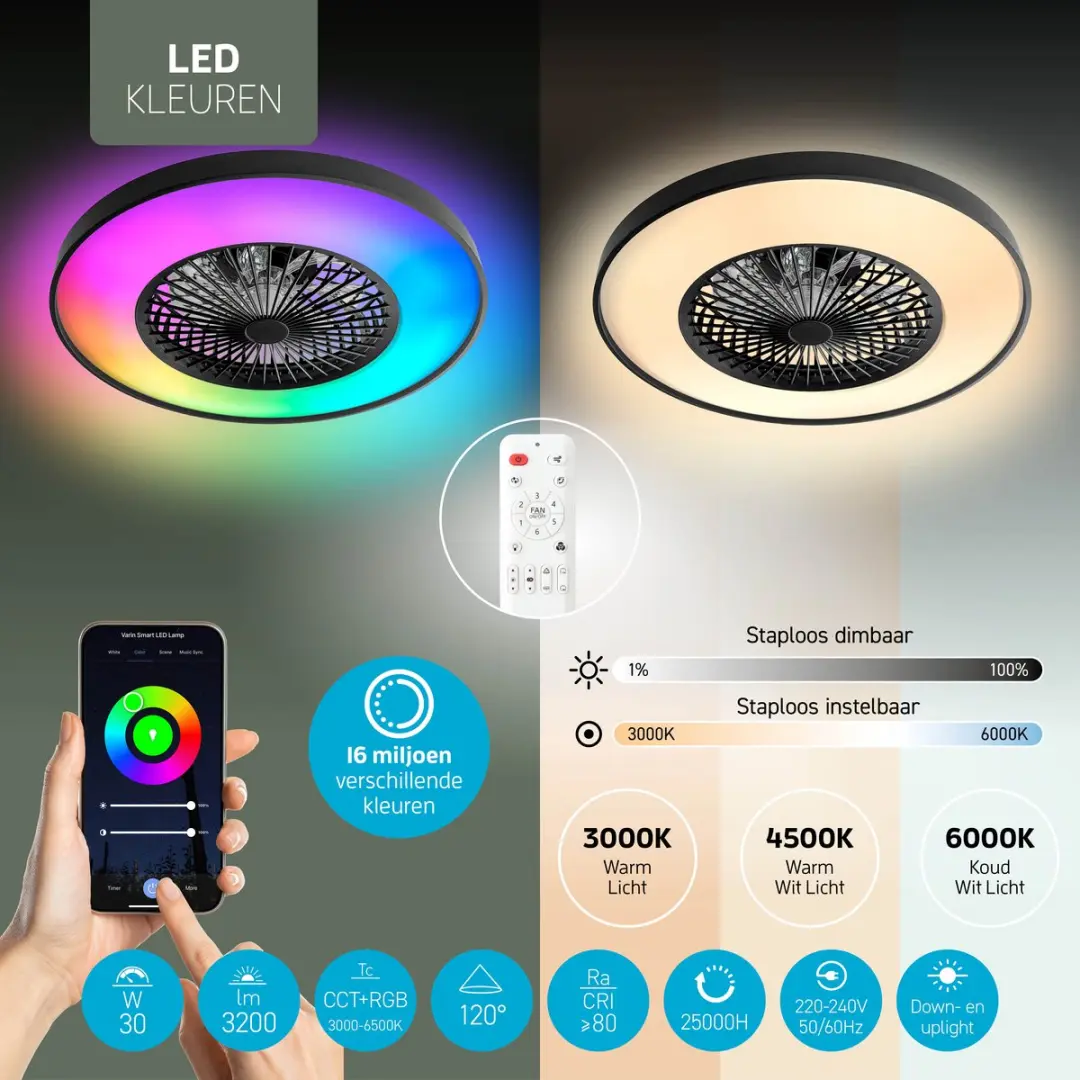 Varin Plafondventilator met LED RGBW 60cm - Zwart - Tuya Wifi