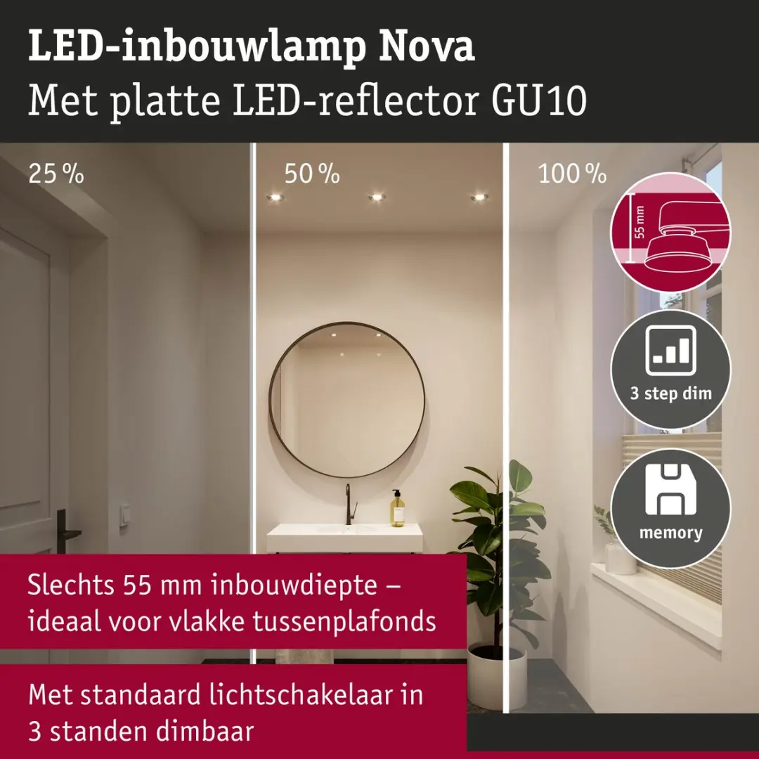 Paulmann LED-inbouwlamp Nova GU10 3x4,9W 550lm 2700K - Staal geborsteld - afbeelding 6 van 6