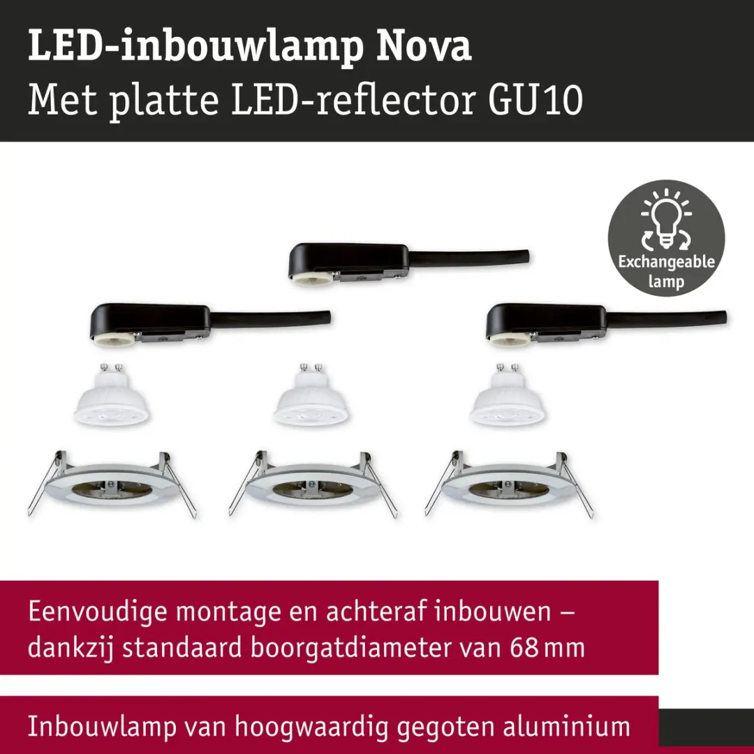 Paulmann LED-inbouwlamp Nova GU10 3x4,9W 550lm 2700K - Staal geborsteld