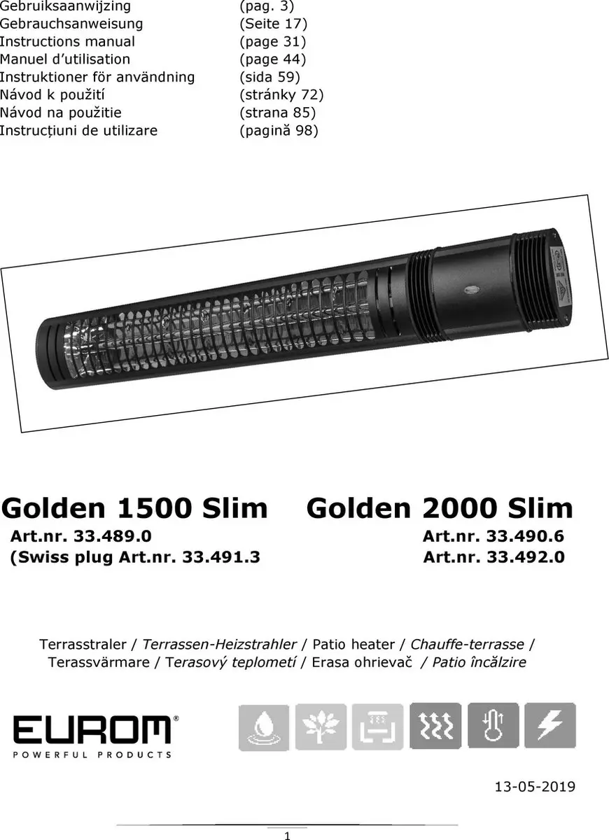Eurom Golden 1500 Slim Terrasverwarmer 1500W - Antracietzwart