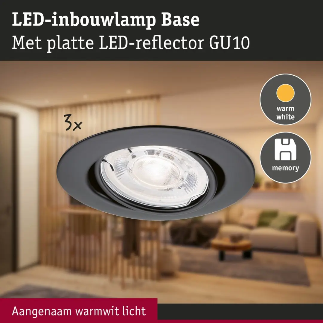 Paulmann LED Inbouwlamp Base GU10 3x4,9W 550lm 2700K - Zwart mat