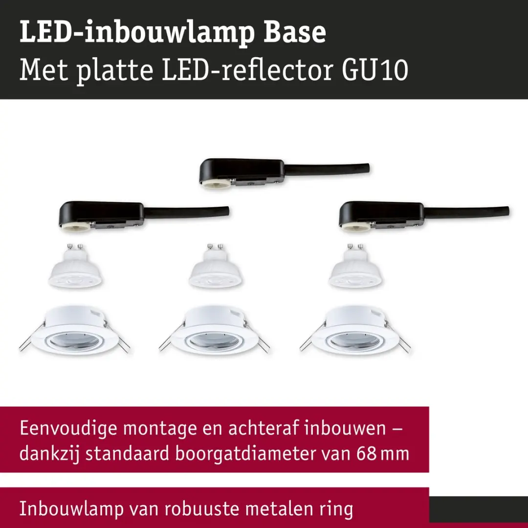 Paulmann LED Inbouwlamp Base GU10 Flat Draaibaar 3x4,9W 550lm - Wit