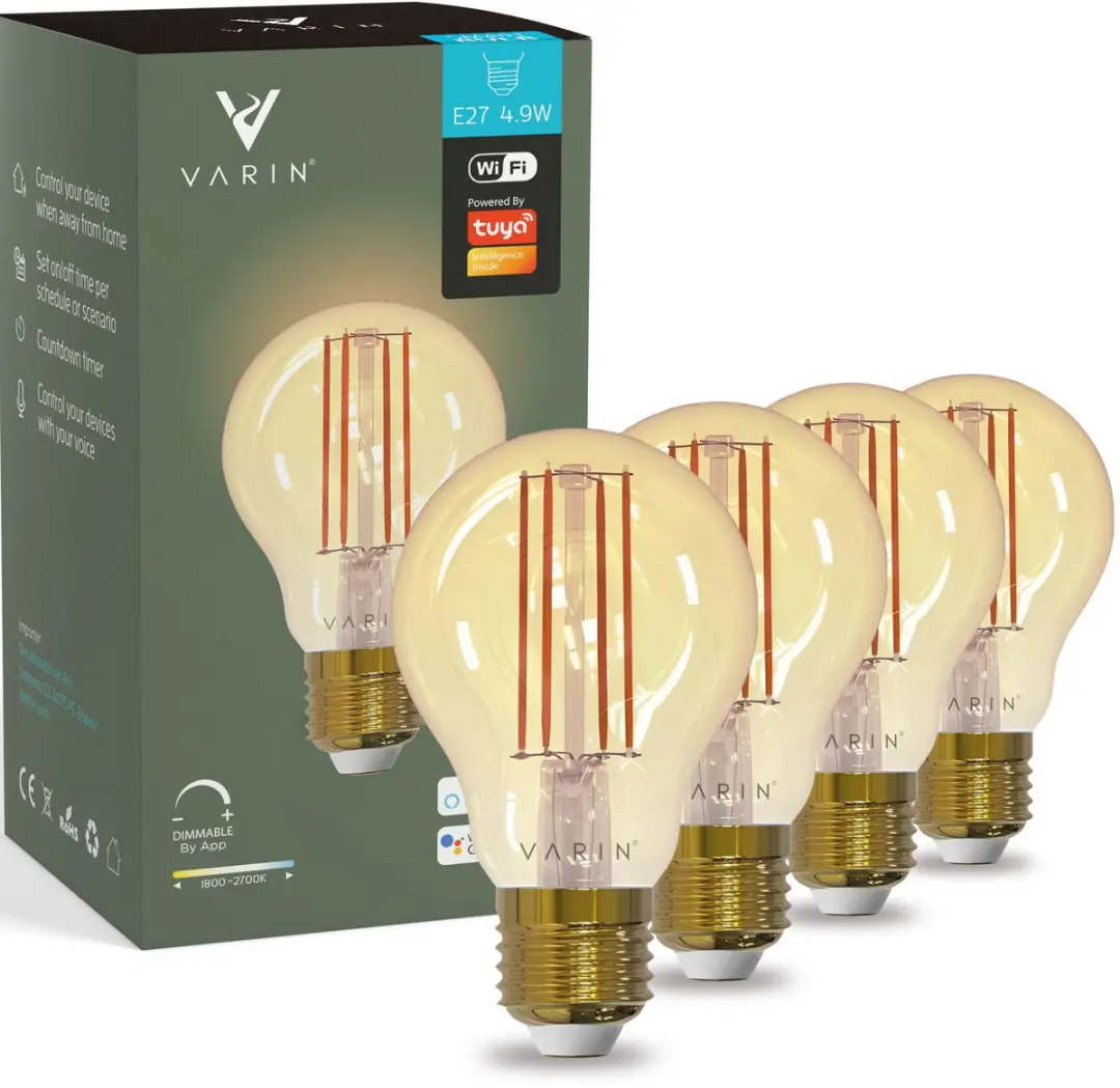 Varin Smart Filament LED Lamp E27 - 5W Warm Wit - 4 Stuks - Goudkleurig