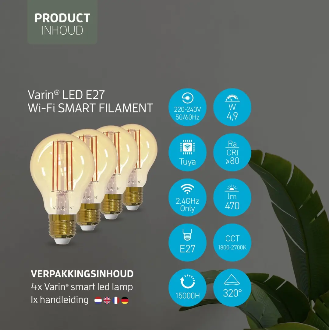 Varin Smart Filament LED Lamp E27 - 5W Warm Wit - 4 Stuks - Goudkleurig - afbeelding 6 van 6