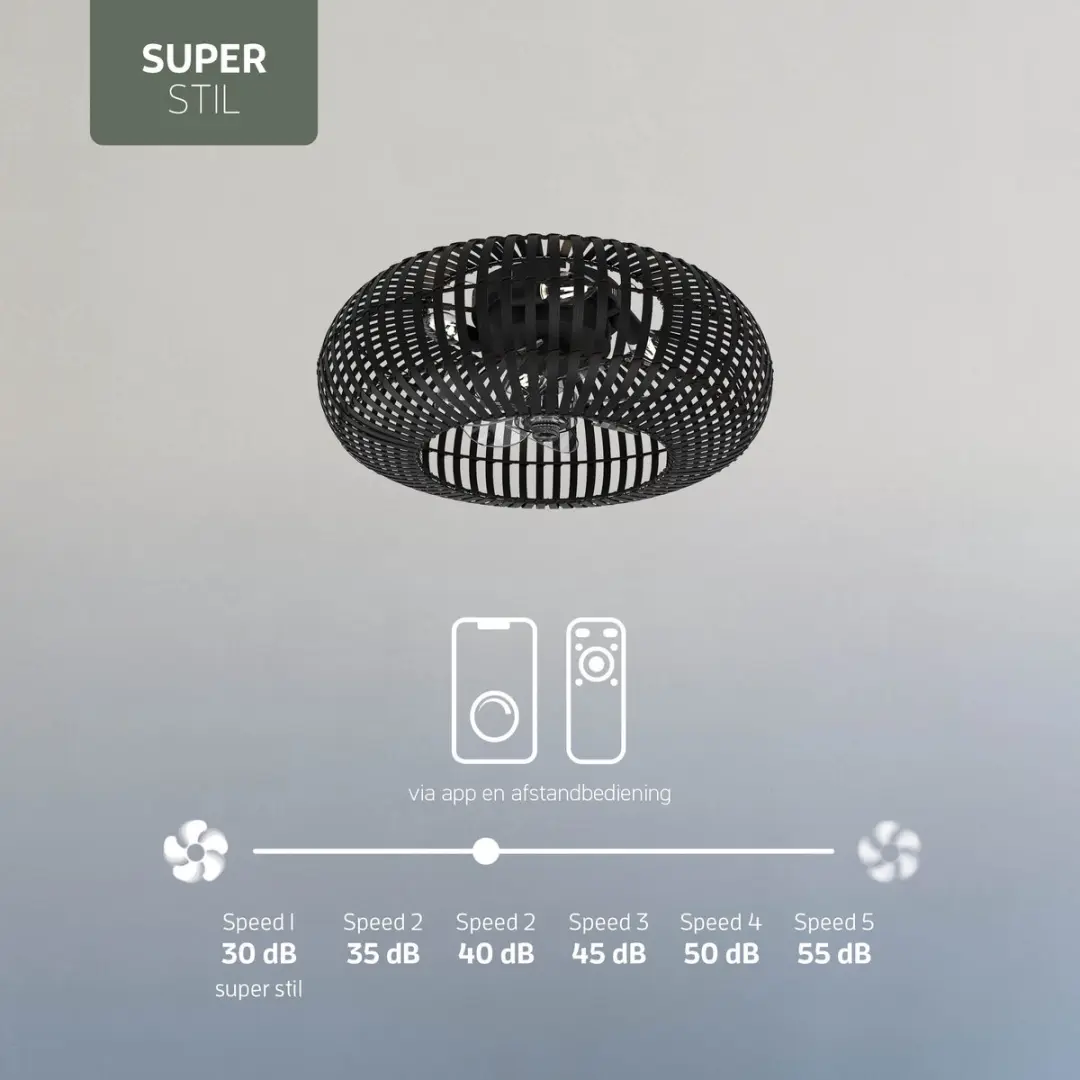 Varin Smart Plafondlamp Ventilator Ø50cm - Zwart Bamboe