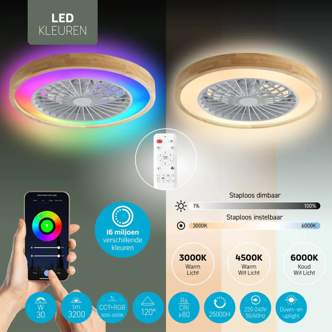 Varin Plafondventilator met LED RGBW 50cm - Lichthout/Wit - Tuya Wifi - afbeelding 4 van 6