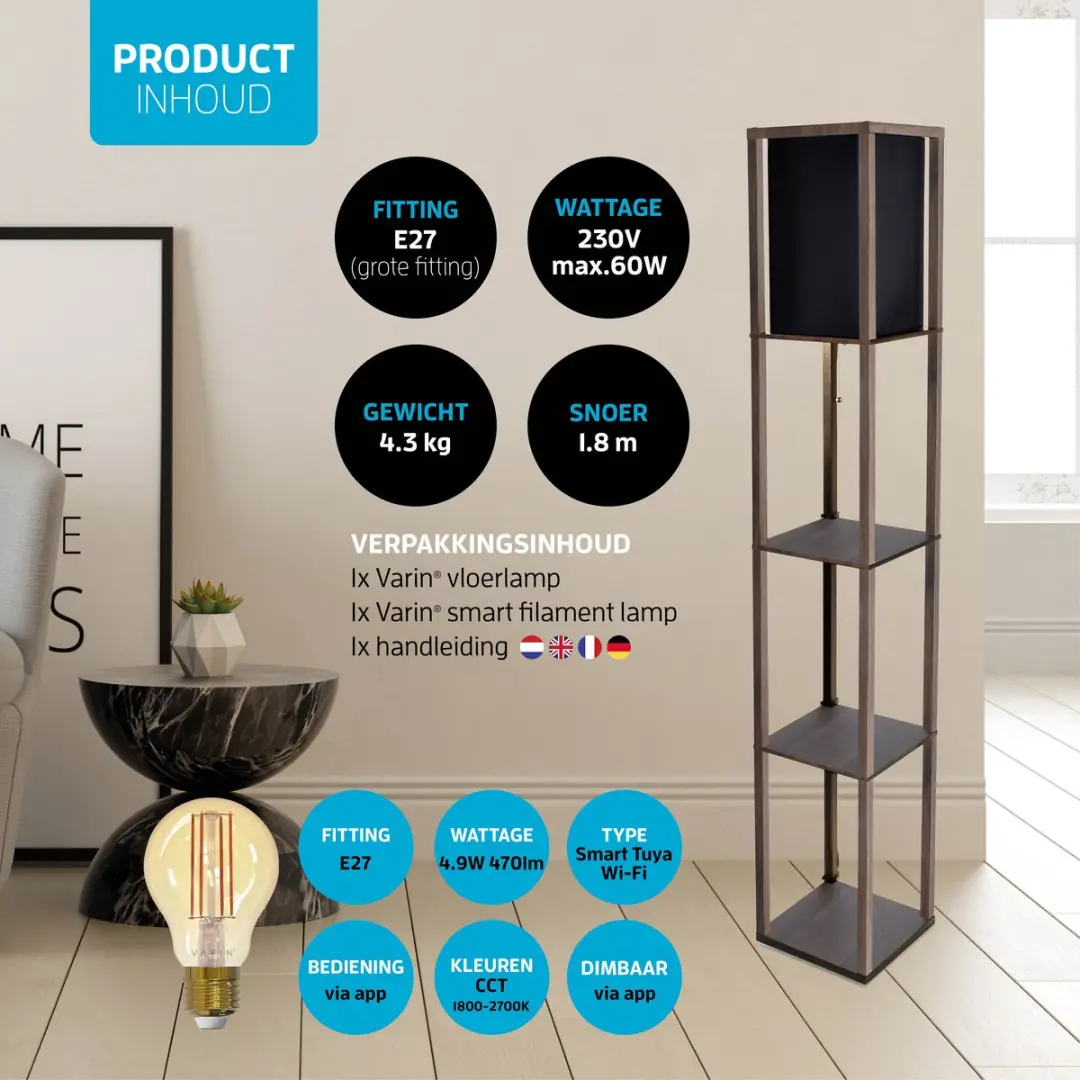 Varin Vloerlamp Vakkenkast - 10 Lichtpunten RGBW - Dimbaar - Bruin/Zwart