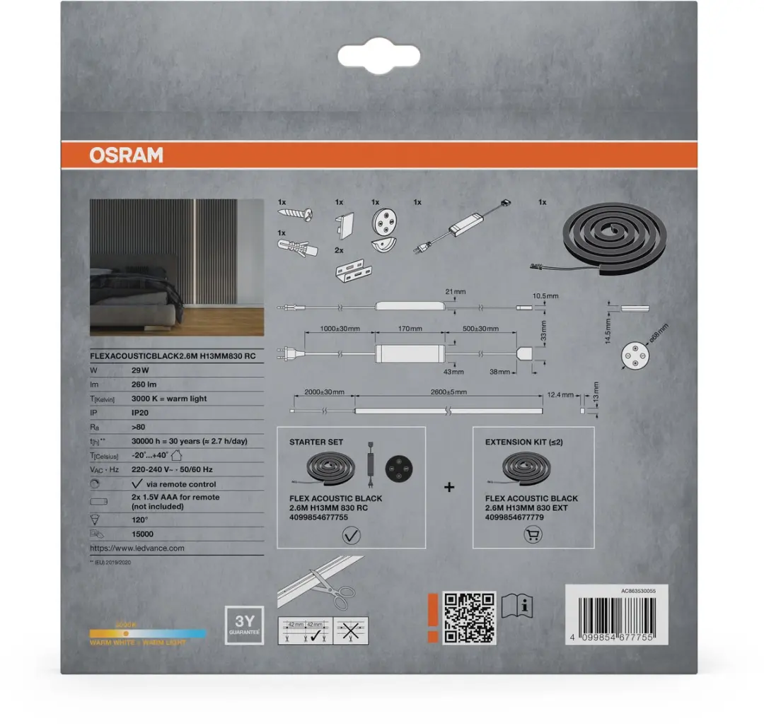 Osram Flex Acoustic LED-strips 2,6m 29W - 3000K Warm Wit - Starter Set